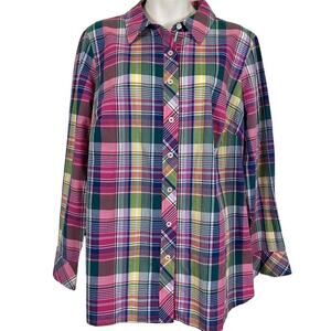Talbots Plus Womens Long Sleeve Button Up Plaid Top Shirt Colorful Cotton X / 0X